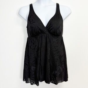 Swim Solutions Swimsuit Womens 16 Black Leaves One Piece Flyaway Swimdress